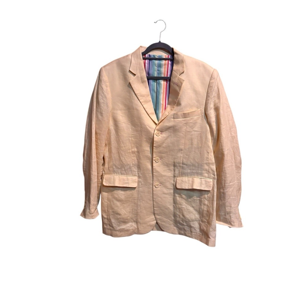 LorenZino 100% Linen Blazer Jacket Yellow Casual Summer Mens Size Large 3 Button